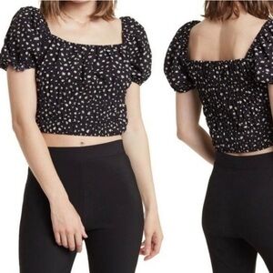 Elodie Square Neck Puff Sleeve Cropped Daisy Peasant Top, Black, Sz XLarge